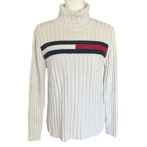 Tommy Hilfiger Vintage 90s Ribbed Turtleneck Sweater Off White Flag Women Medium